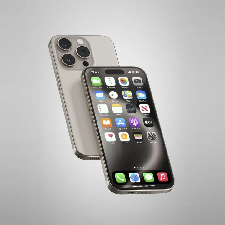 iPhone in titanio visto da dietro e da davanti, su sfondo grigio chiaro